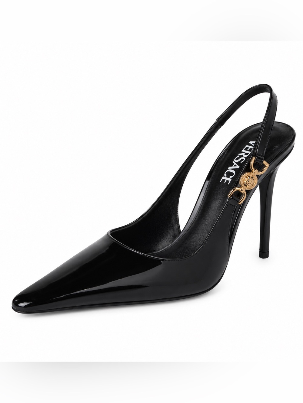 Versace Black Patent Leather Pointed Slingback Pumps with Gold Medusa Accent